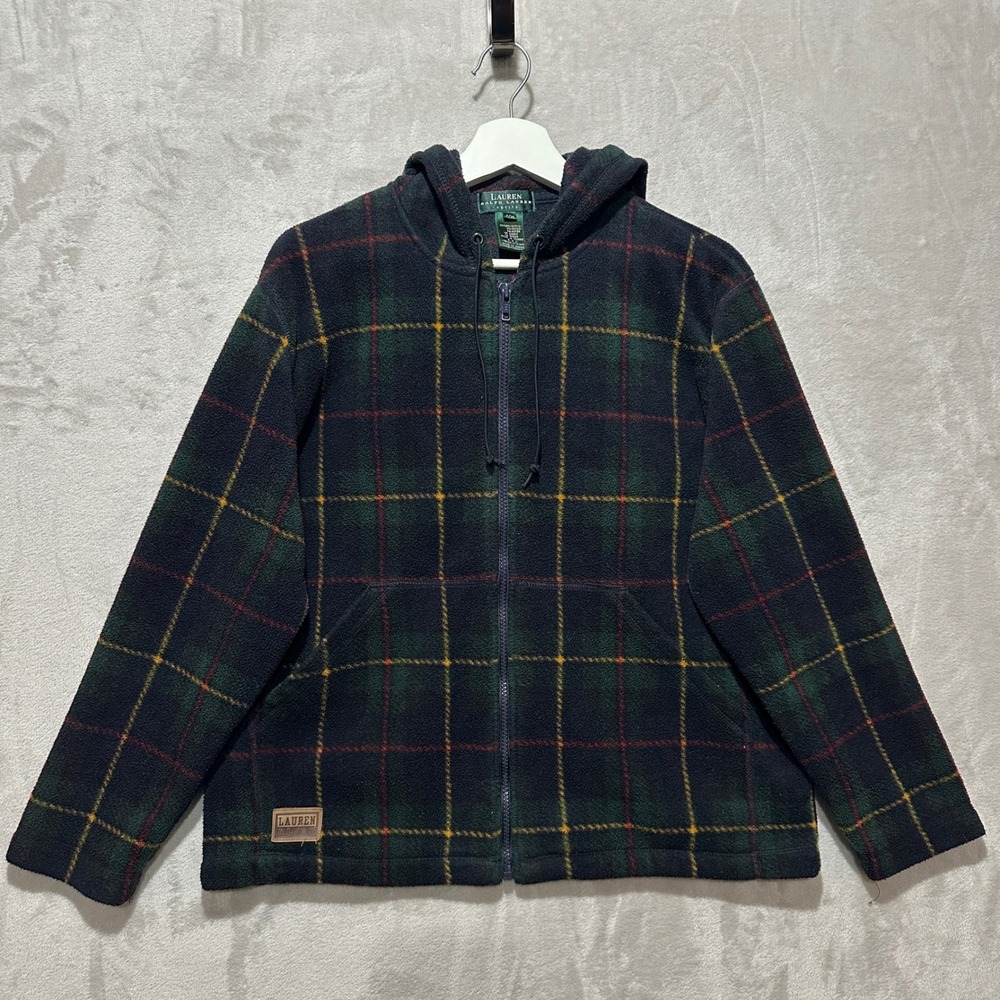 Vintage Lauren Ralph Lauren Fleece Full Zip Hoodie Green Tartan Plaid Jacket P/M